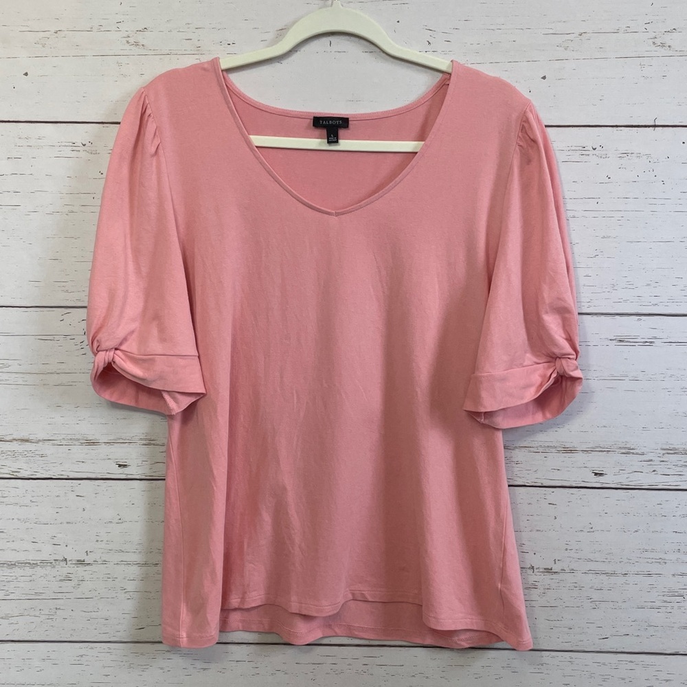 Talbots Pink Scoop-V Neck Puff Short Sleeved Top w/Twist Sleeve Detail, size L
